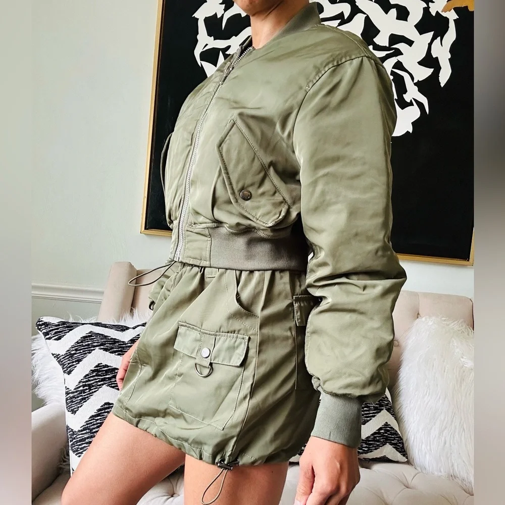 Fashion Nova Olive Green Got to Get Away Bomber Skirt Set - Picture 4 of 11